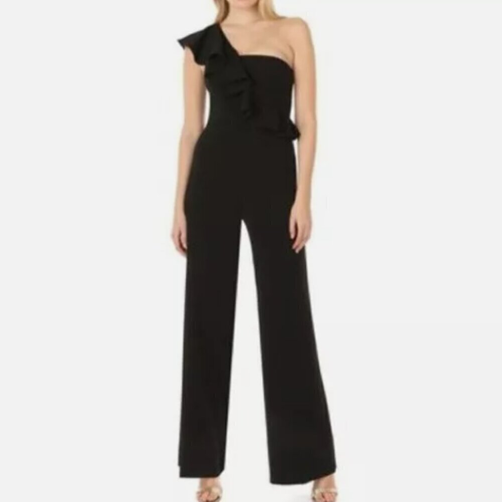 JAYGODFREY Mereen One Shoulder Ruffle Jumpsuit in Black sz 0
